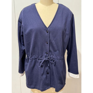 Women's Euro Joy knit button tie front Cardigan Size M navy Blue white cuffs